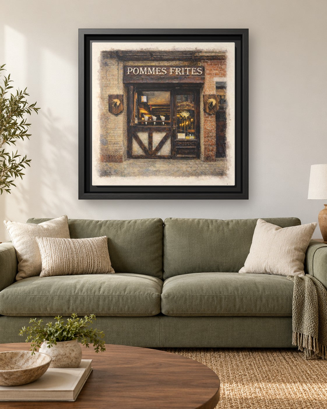 Pommes Frites framed canvas print hanging above a sofa