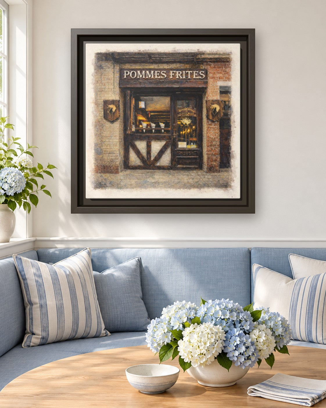 Pommes Frites framed canvas print in a breakfast nook