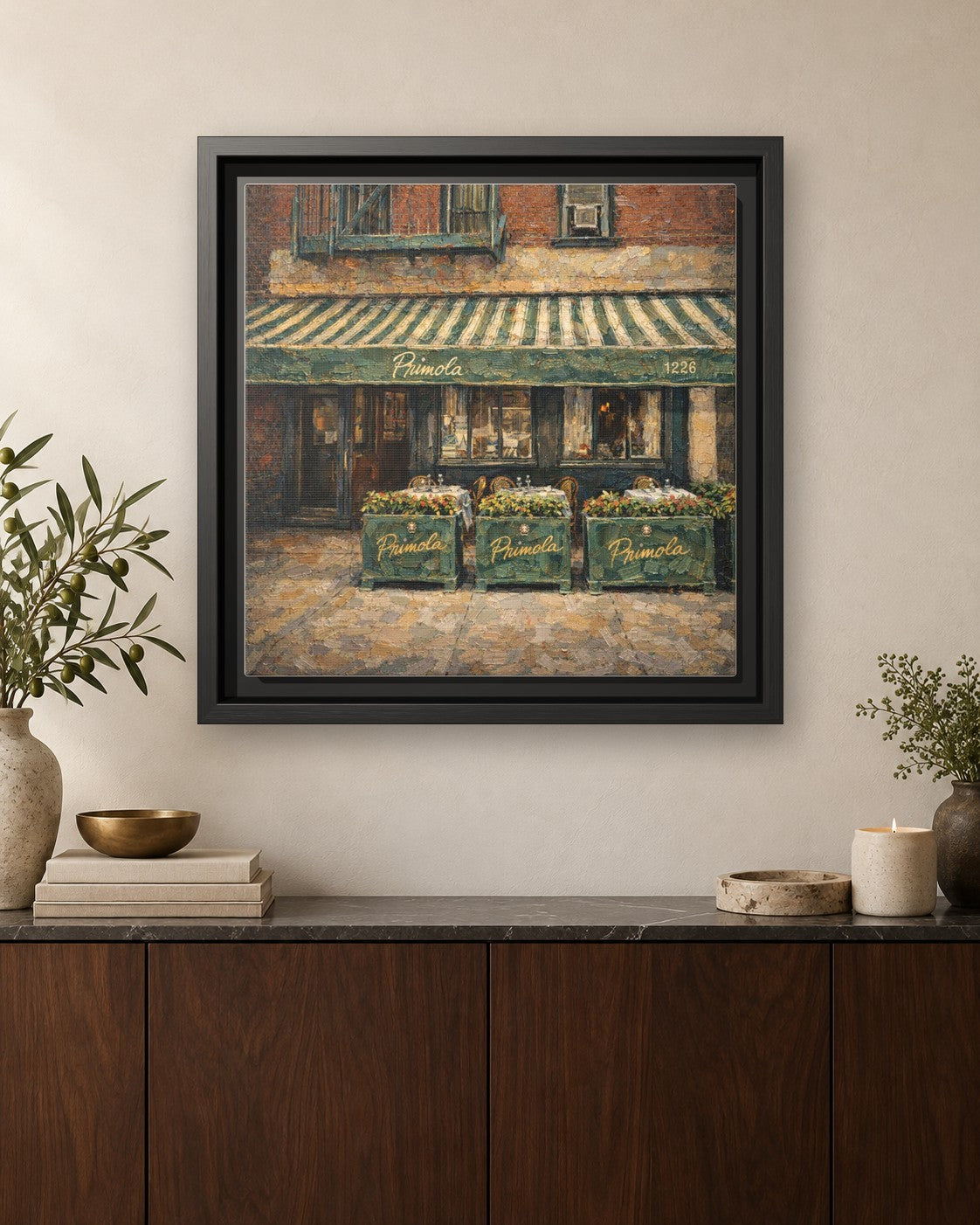 Primola framed canvas print hanging above a credenza