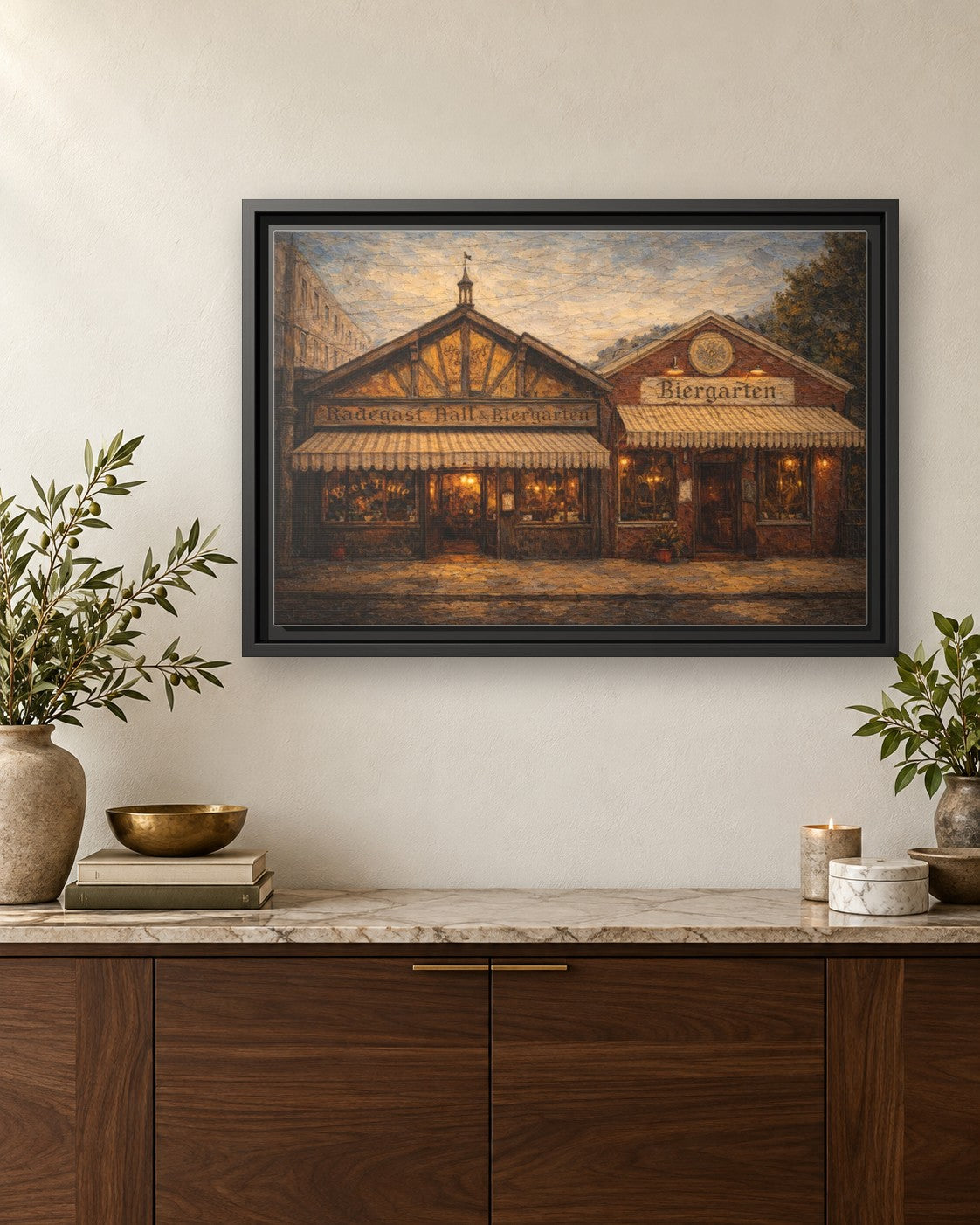 Radegast Hall & Biergarten framed canvas print hanging above a credenza