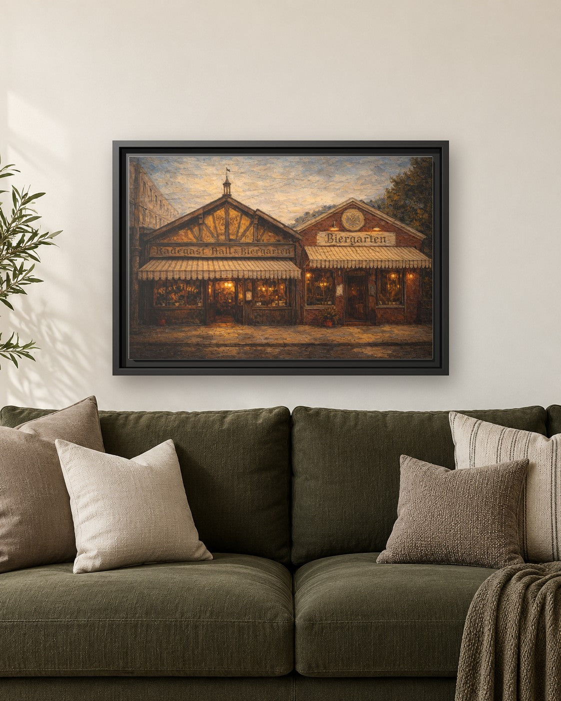 Radegast Hall & Biergarten framed canvas print hanging above a sofa