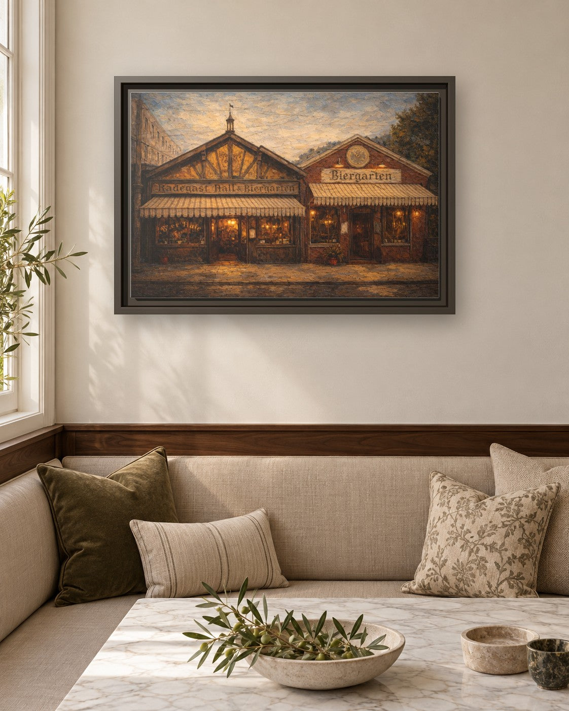 Radegast Hall & Biergarten framed canvas print in a breakfast nook