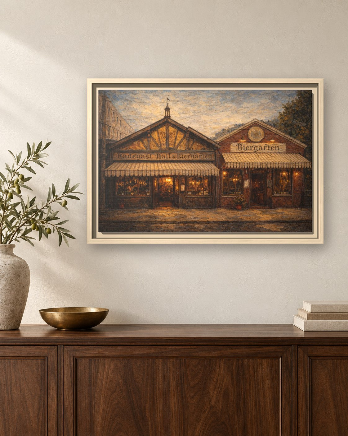 Radegast Hall & Biergarten framed canvas print hanging above a sideboard