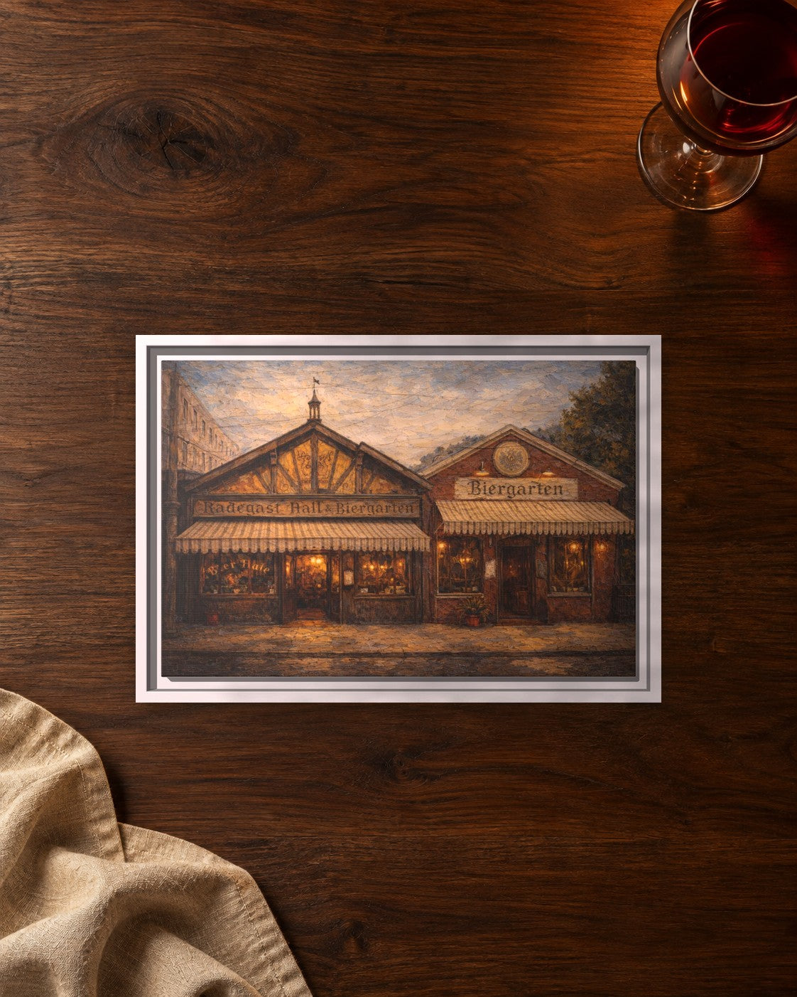 Radegast Hall & Biergarten framed canvas print lying on a table