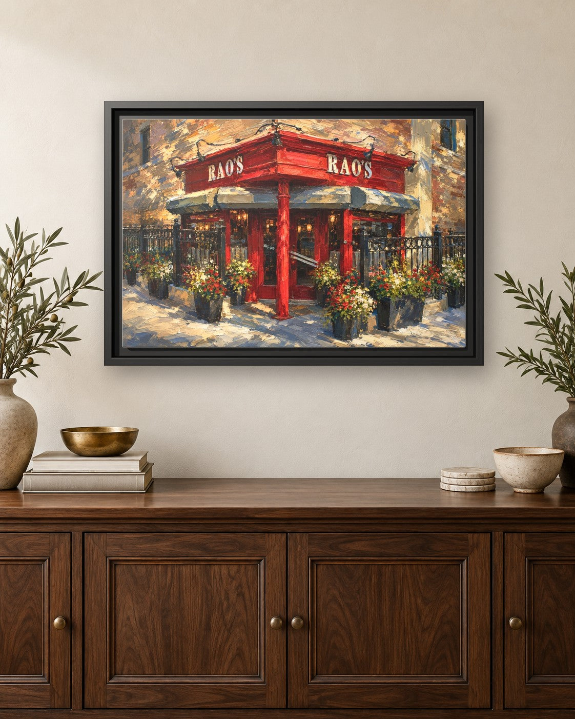 Rao's framed canvas print hanging above a credenza