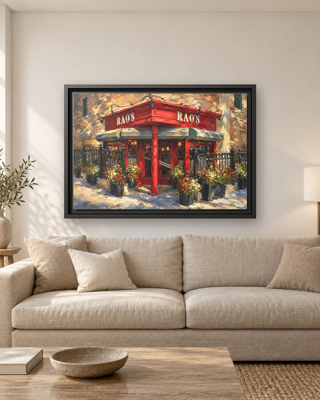 Rao's framed canvas print hanging above a sofa