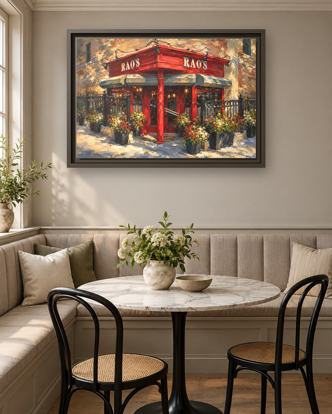 Rao's framed canvas print in a breakfast nook