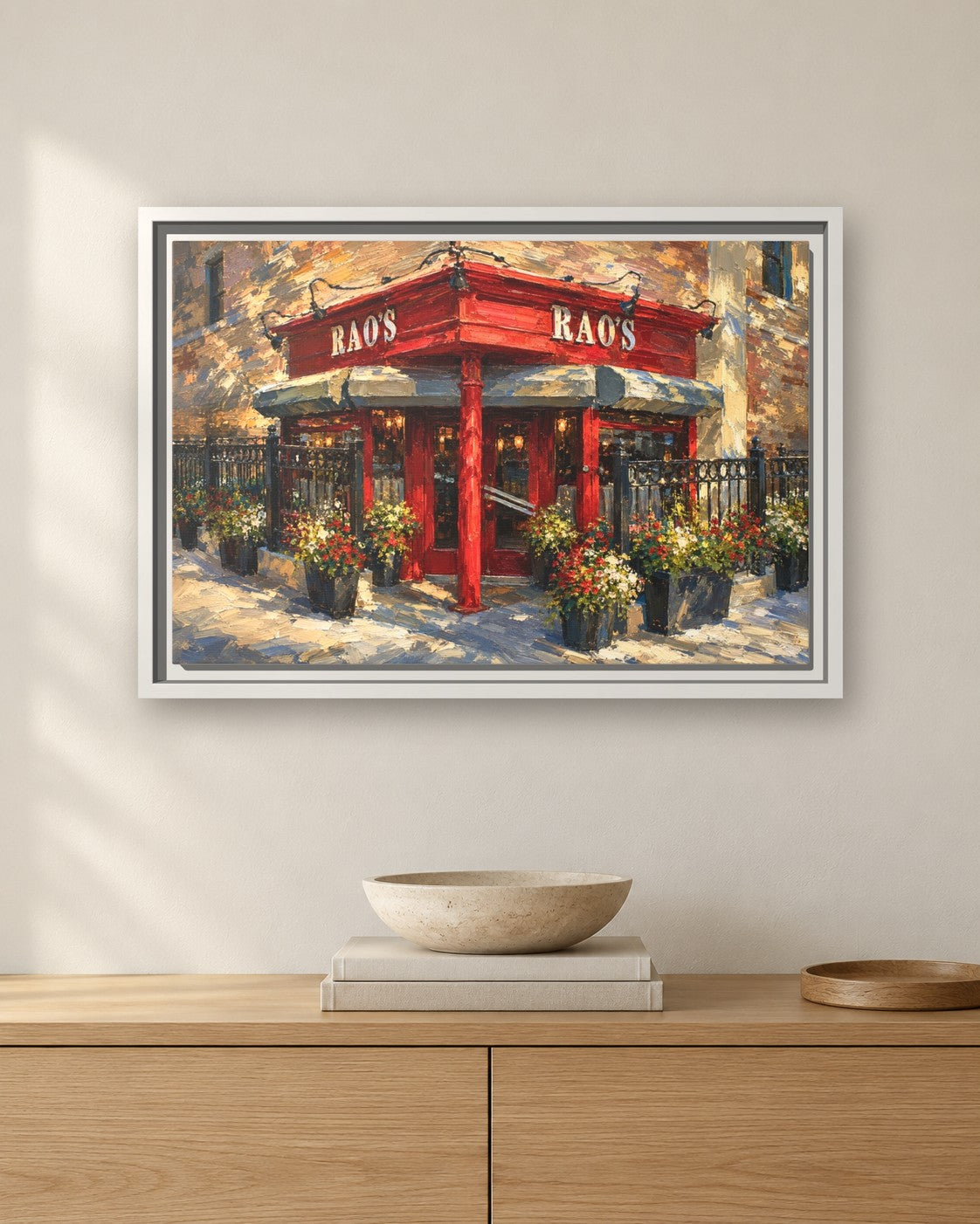Rao's framed canvas print hanging above a sideboard