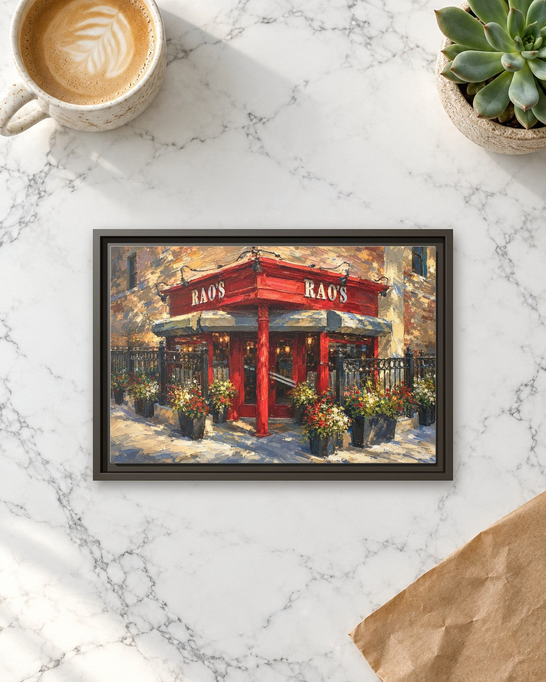 Rao's framed canvas print lying on a table