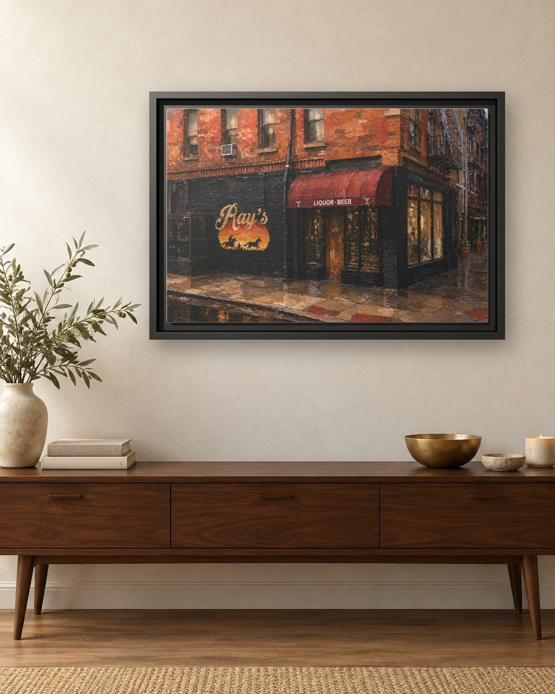 Ray's Bar framed canvas print hanging above a credenza