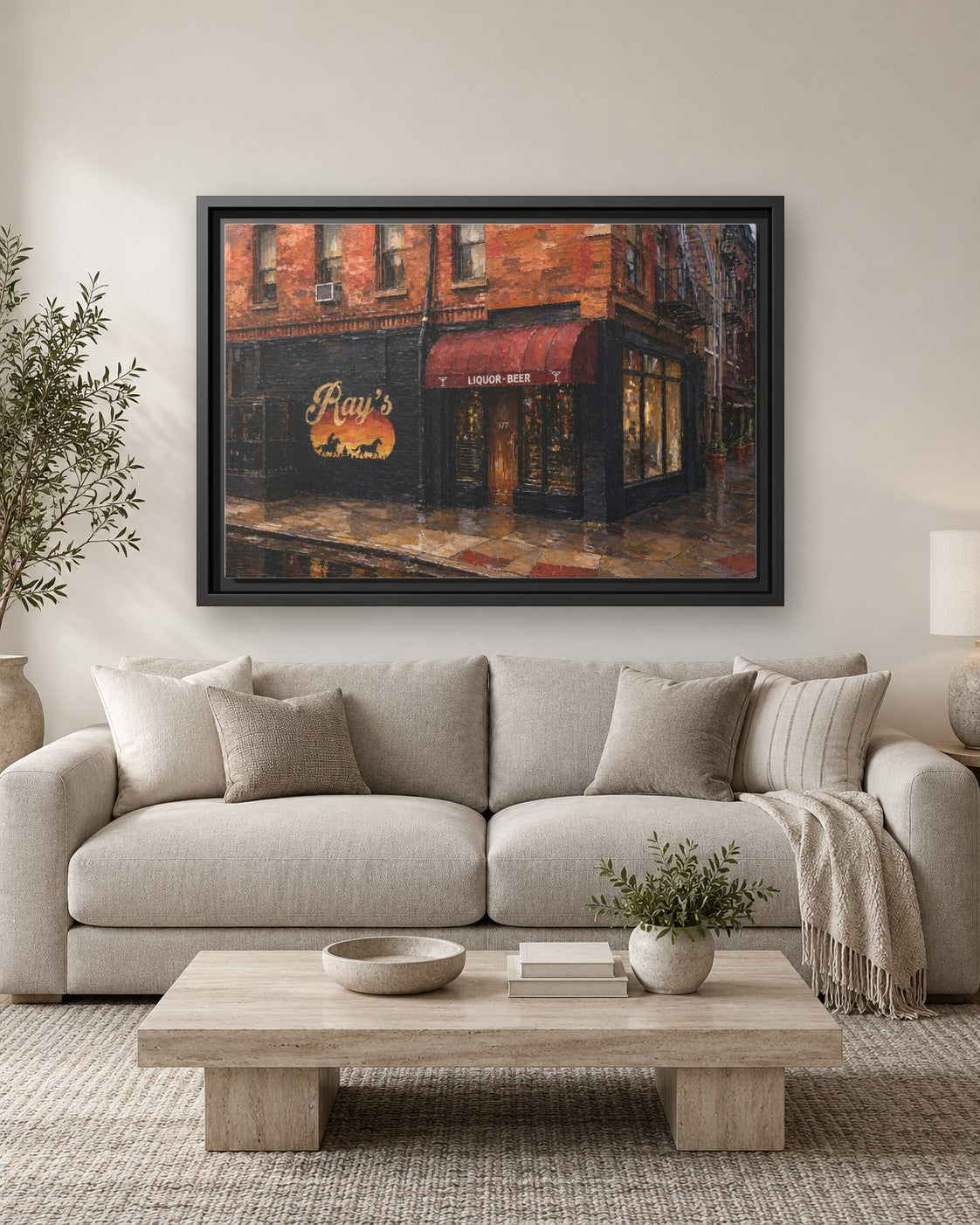 Ray's Bar framed canvas print hanging above a sofa