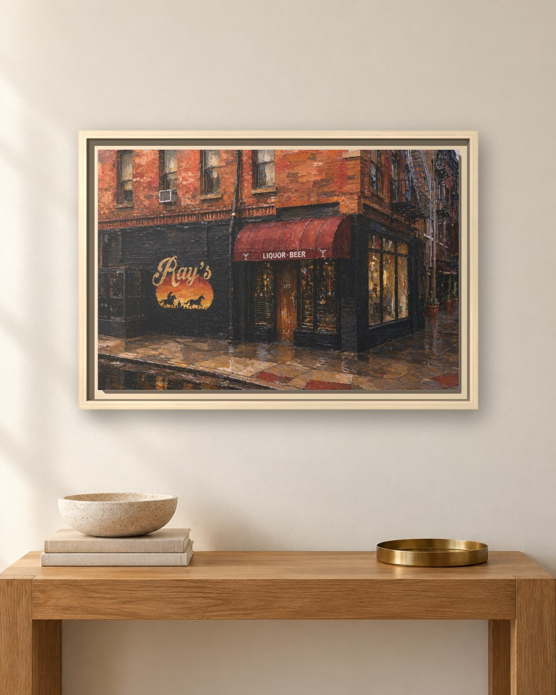 Ray's Bar framed canvas print hanging above a sideboard