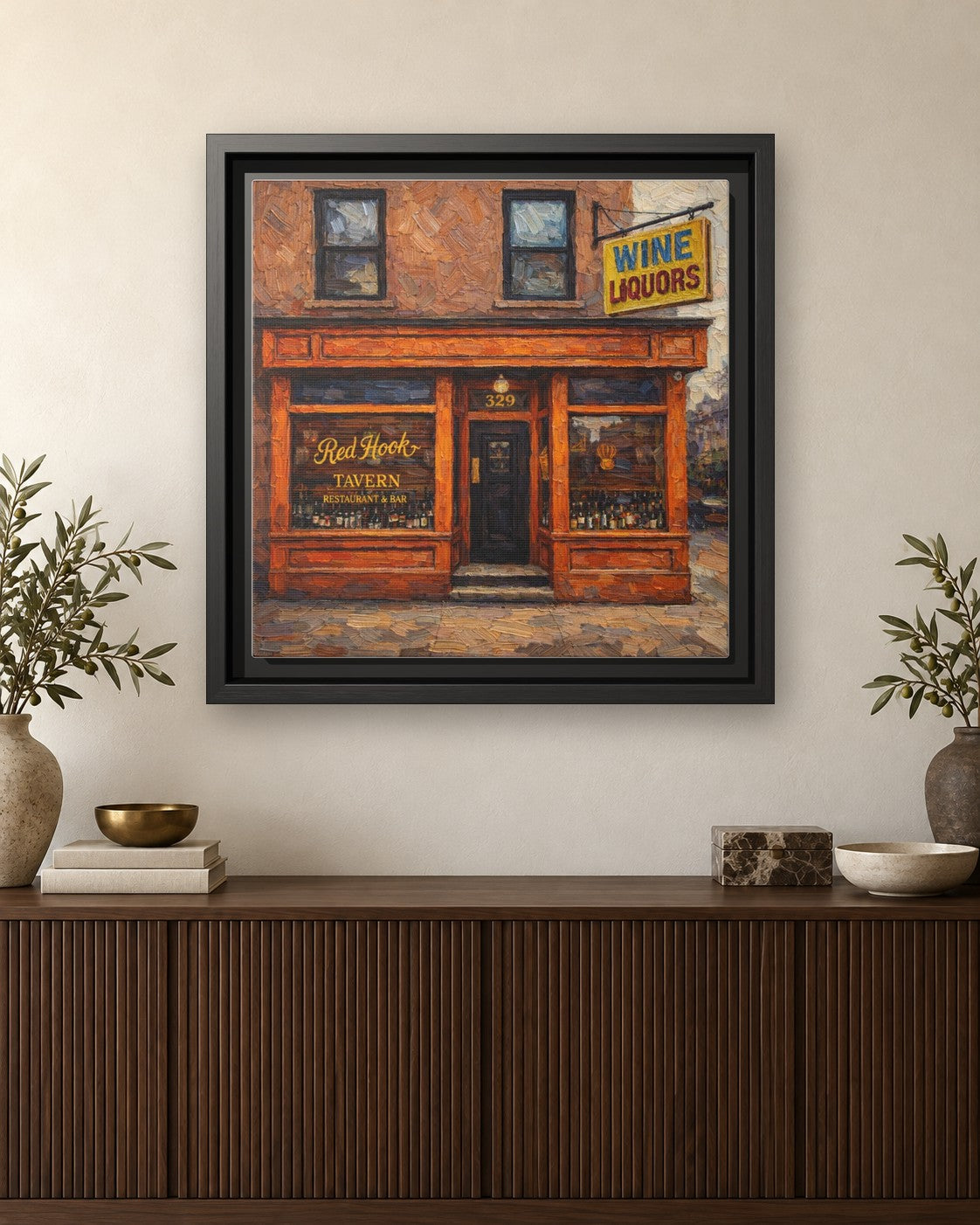 Red Hook Tavern framed canvas print hanging above a credenza