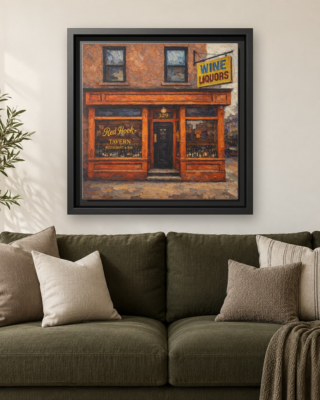 Red Hook Tavern framed canvas print hanging above a sofa