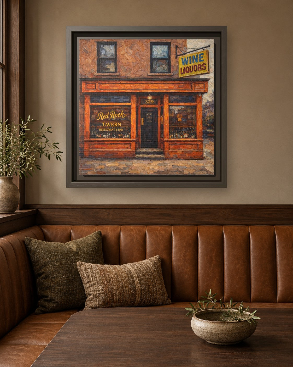 Red Hook Tavern framed canvas print in a breakfast nook