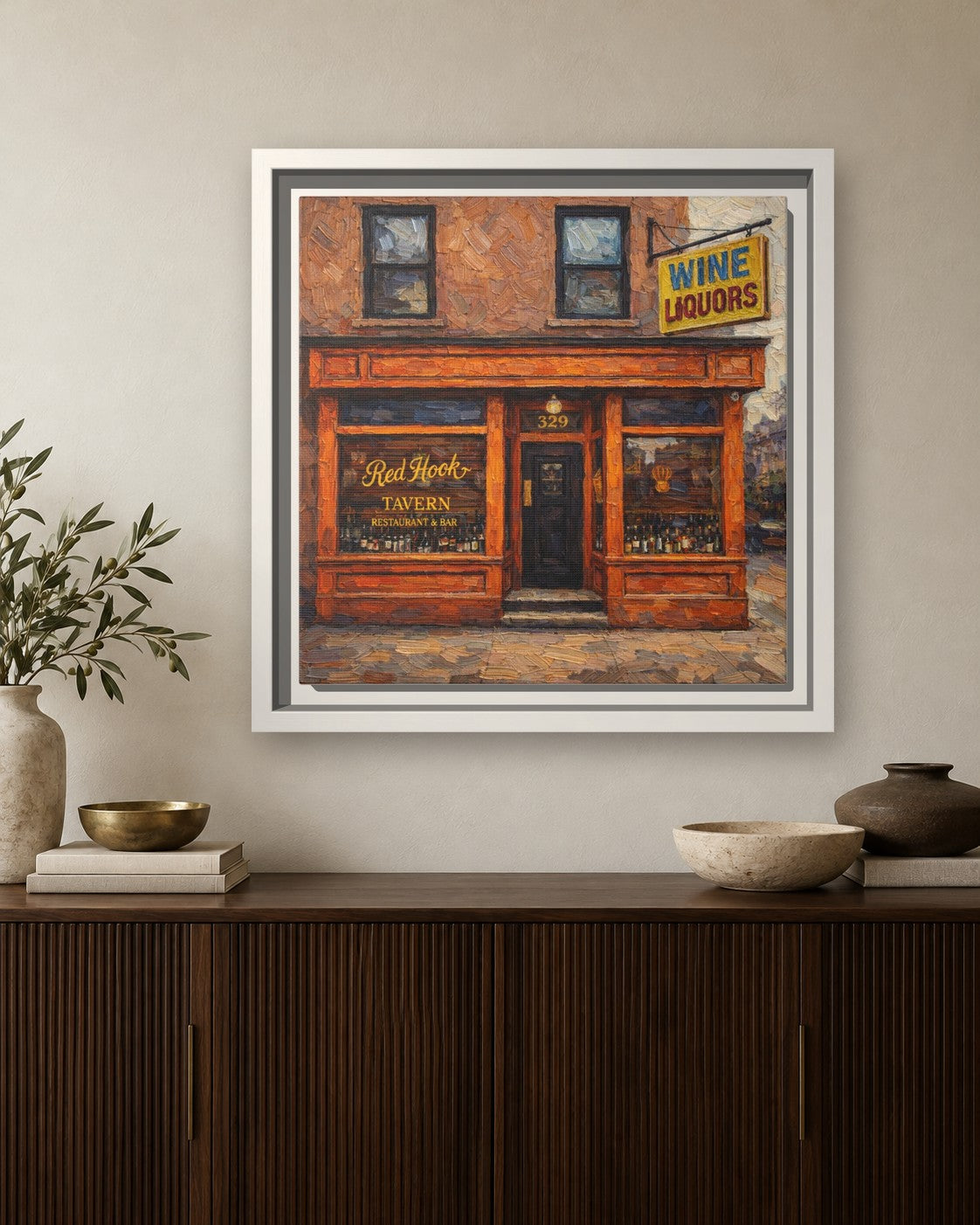 Red Hook Tavern framed canvas print hanging above a sideboard