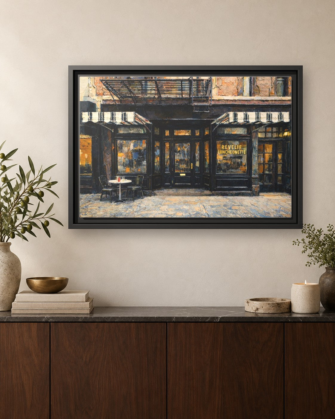 Revelie Luncheonette framed canvas print hanging above a credenza