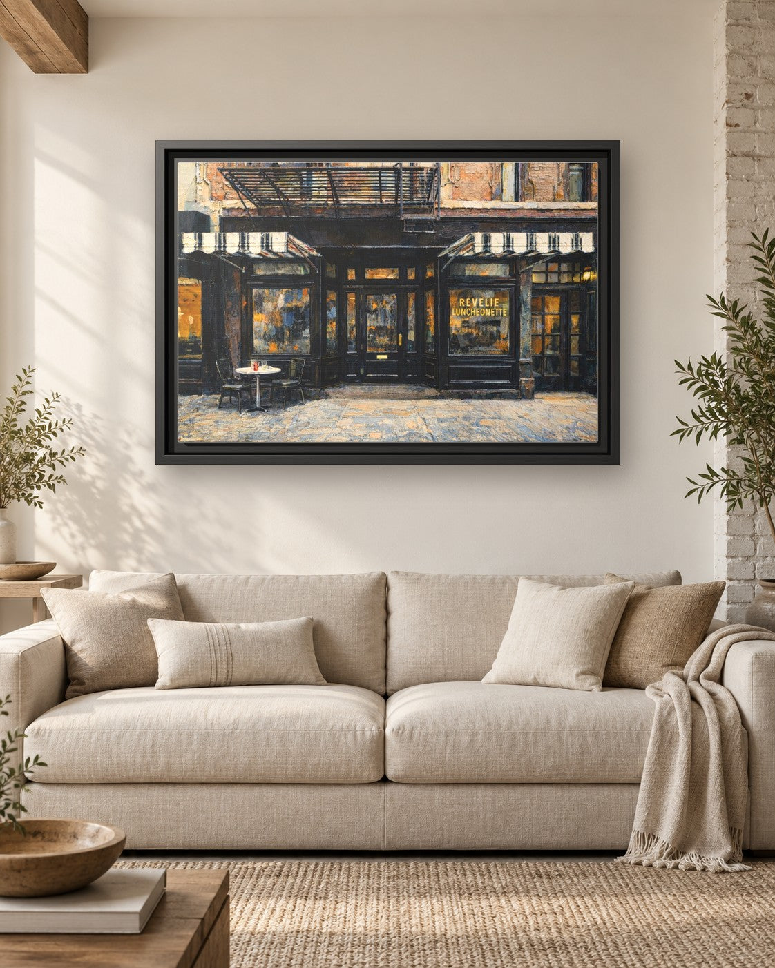 Revelie Luncheonette framed canvas print hanging above a sofa