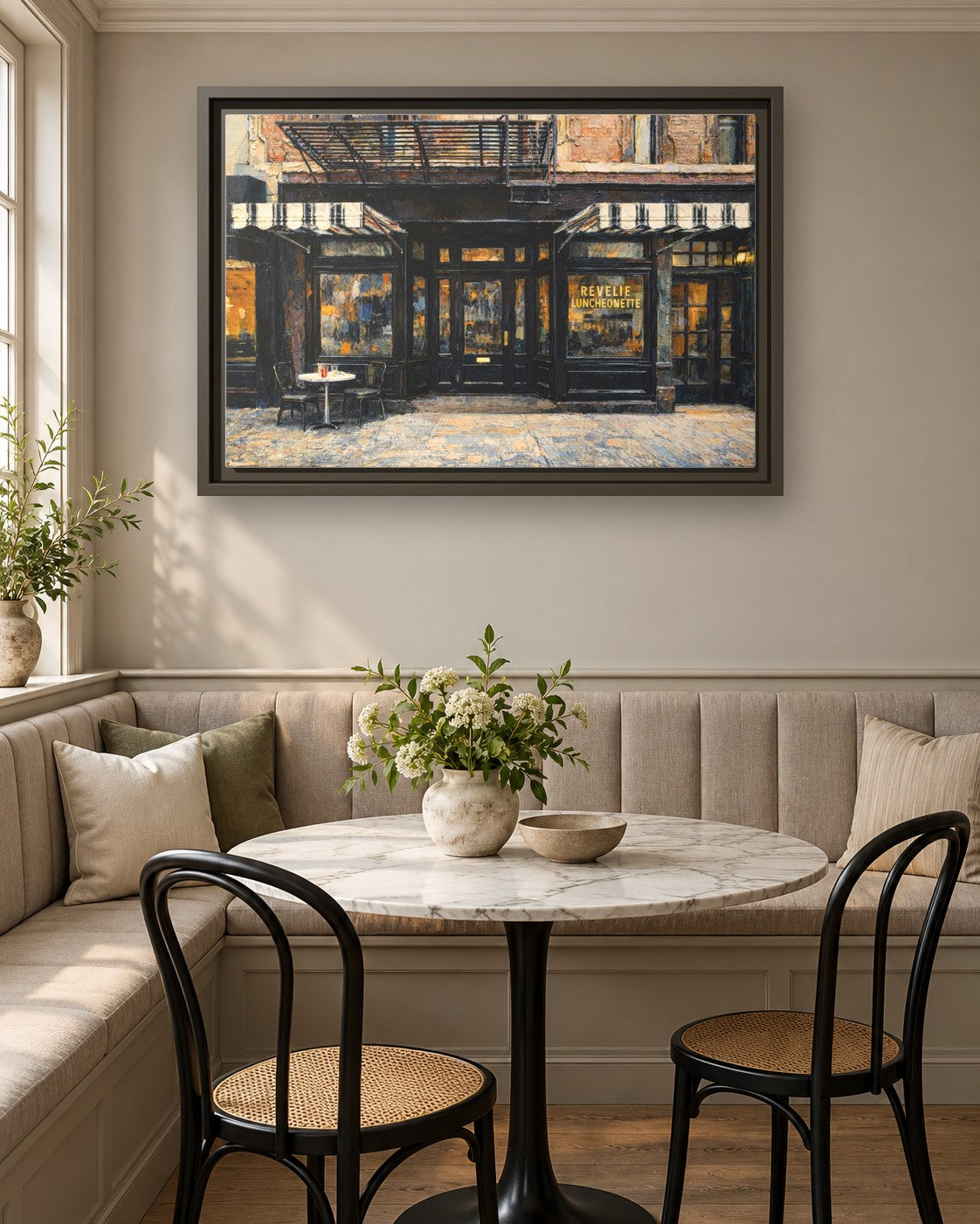 Revelie Luncheonette framed canvas print in a breakfast nook