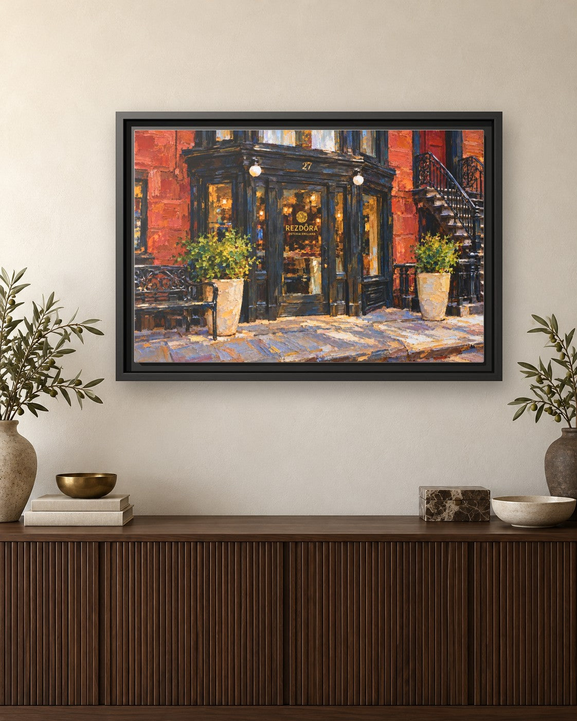 Rezdora framed canvas print hanging above a credenza