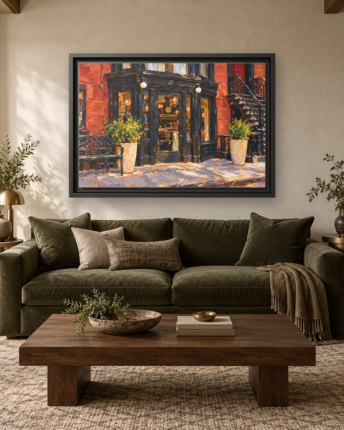 Rezdora framed canvas print hanging above a sofa