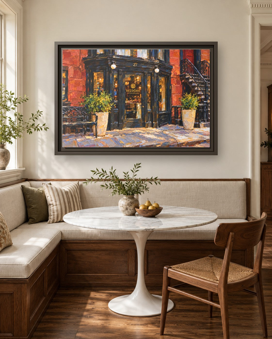 Rezdora framed canvas print in a breakfast nook