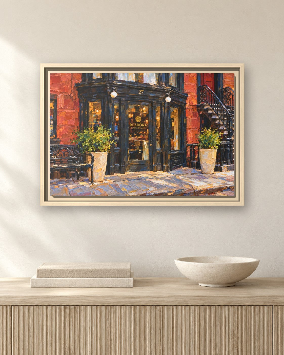Rezdora framed canvas print hanging above a sideboard