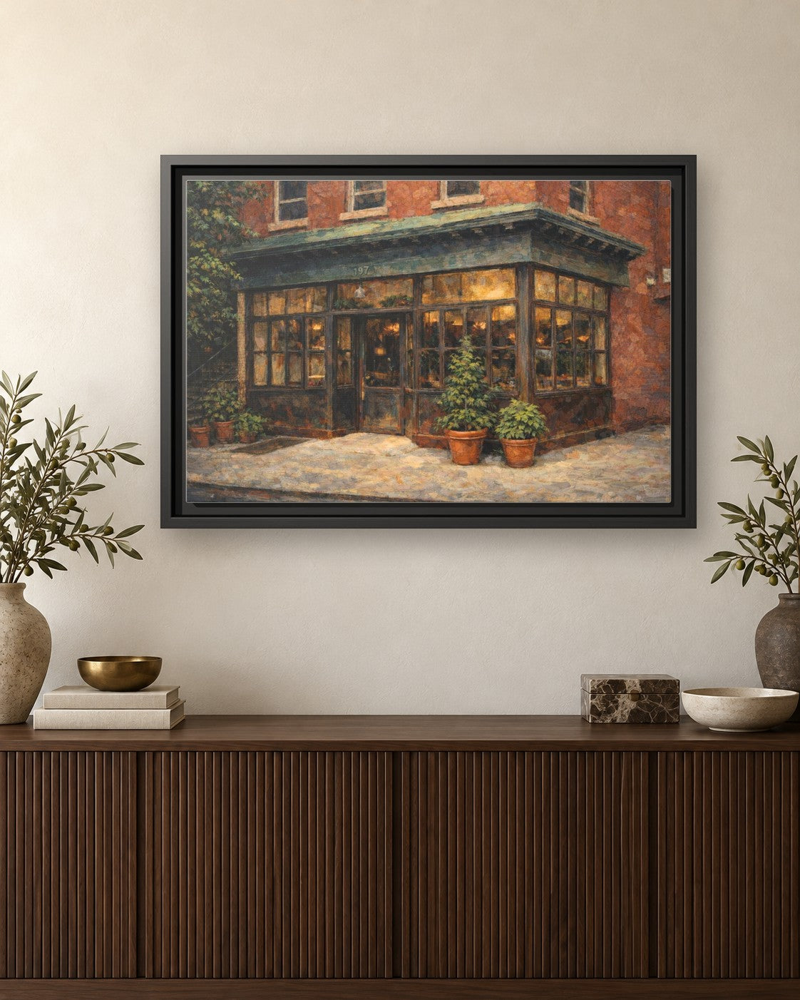 Rhodora Wine Bar framed canvas print hanging above a credenza