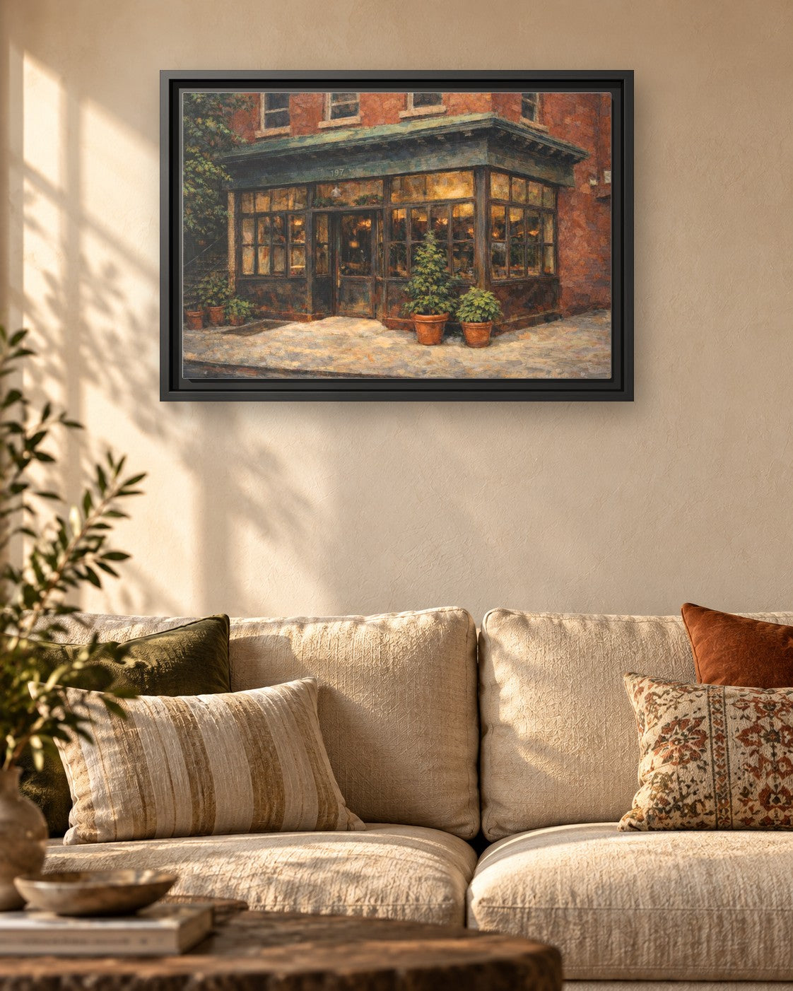 Rhodora Wine Bar framed canvas print hanging above a sofa