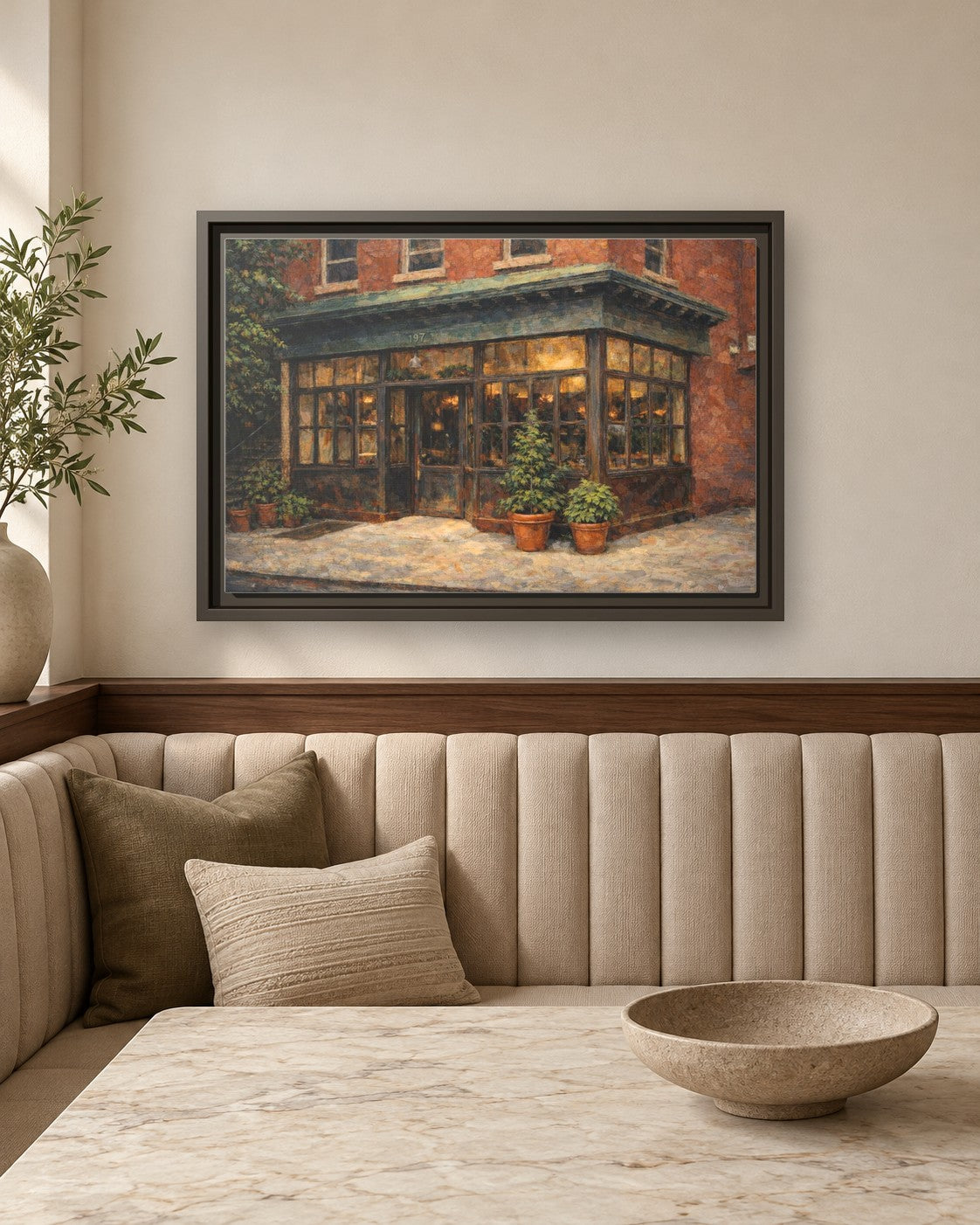Rhodora Wine Bar framed canvas print in a breakfast nook