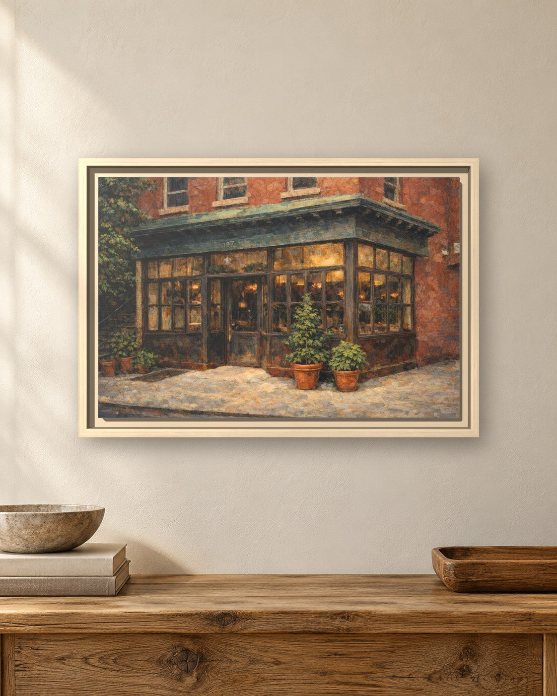 Rhodora Wine Bar framed canvas print hanging above a sideboard