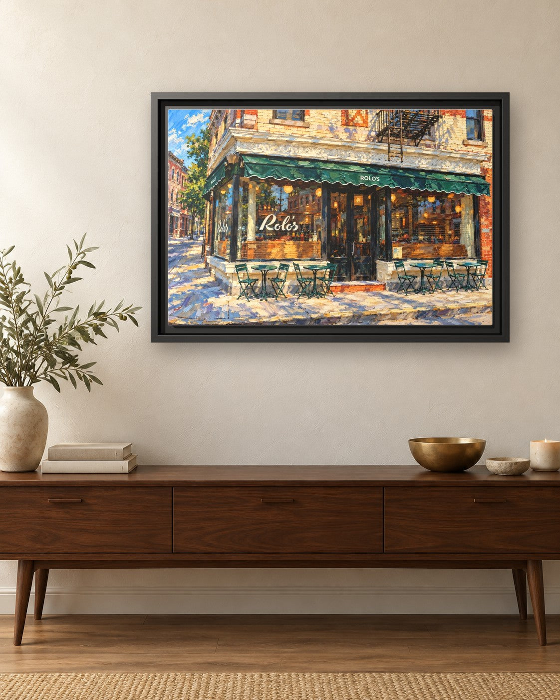 Rolo's framed canvas print hanging above a credenza