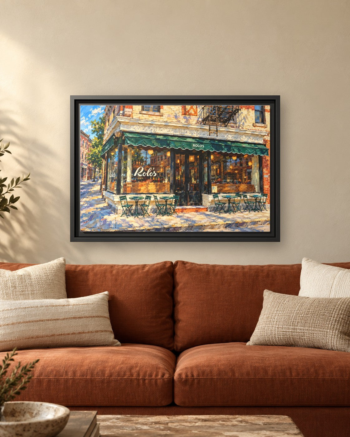 Rolo's framed canvas print hanging above a sofa