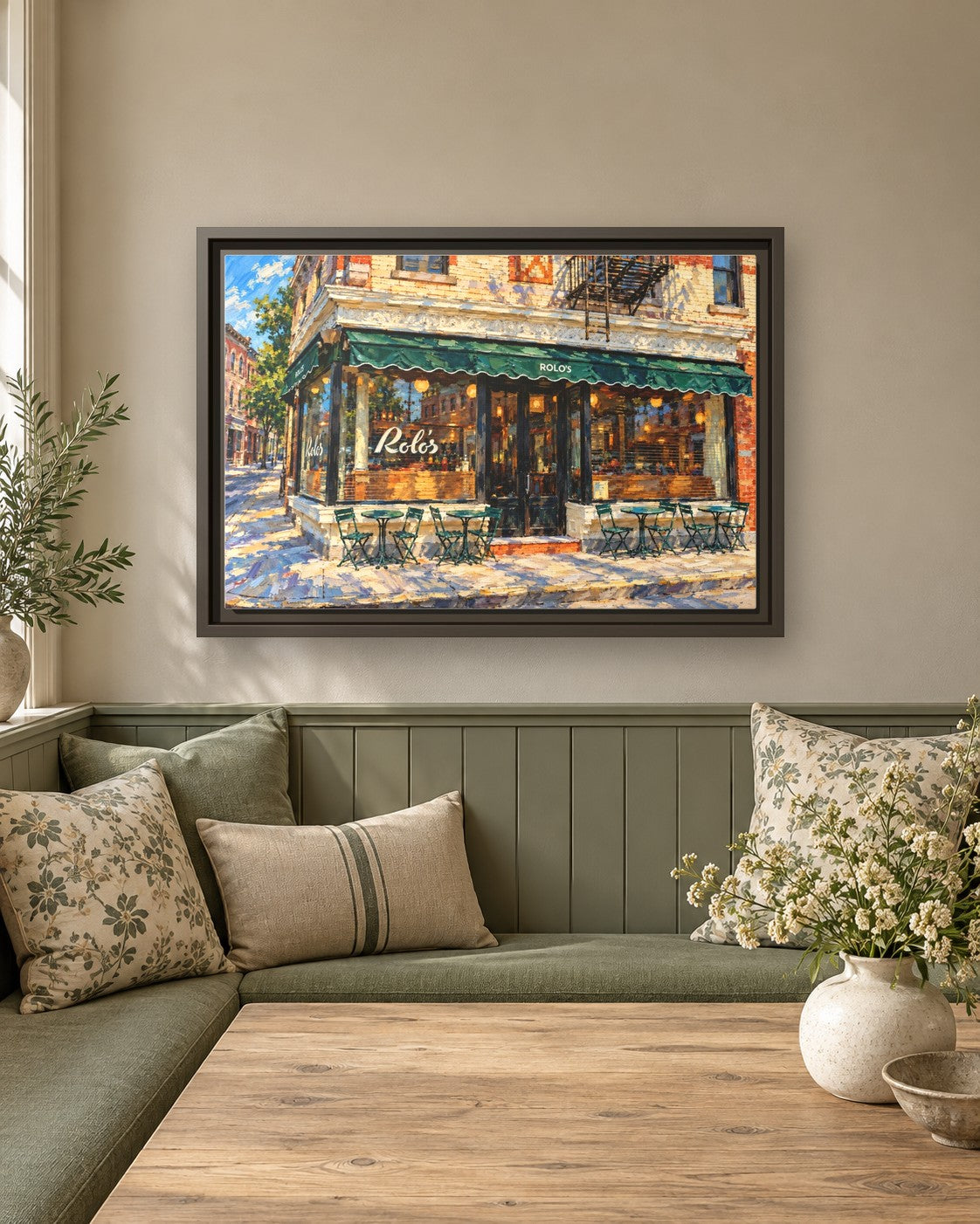 Rolo's framed canvas print in a breakfast nook