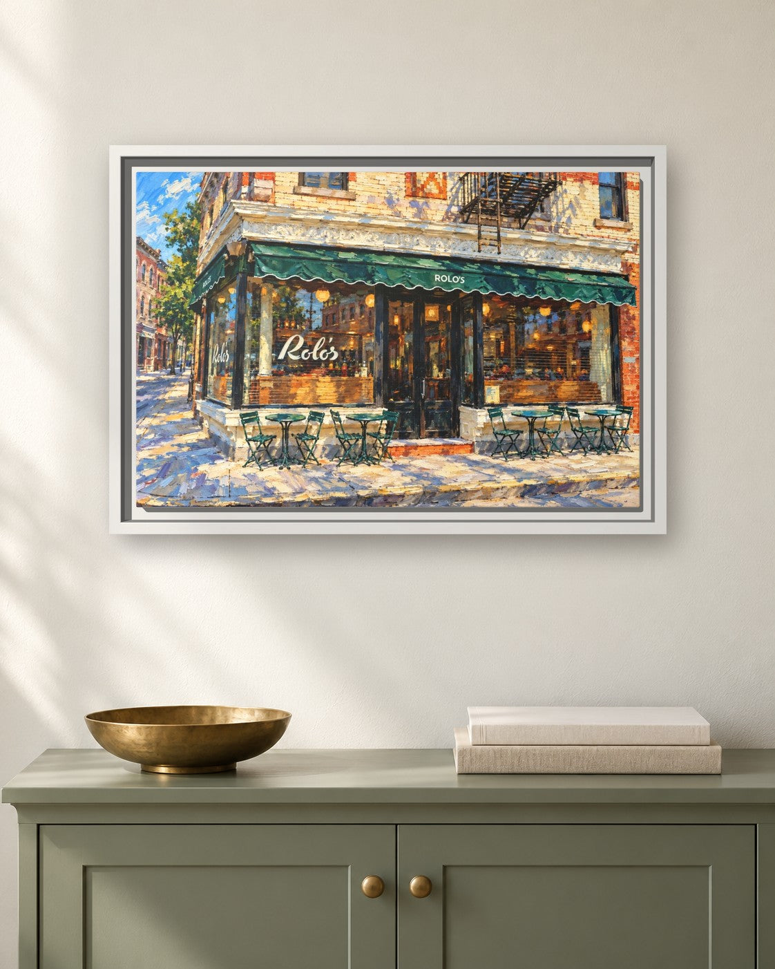 Rolo's framed canvas print hanging above a sideboard