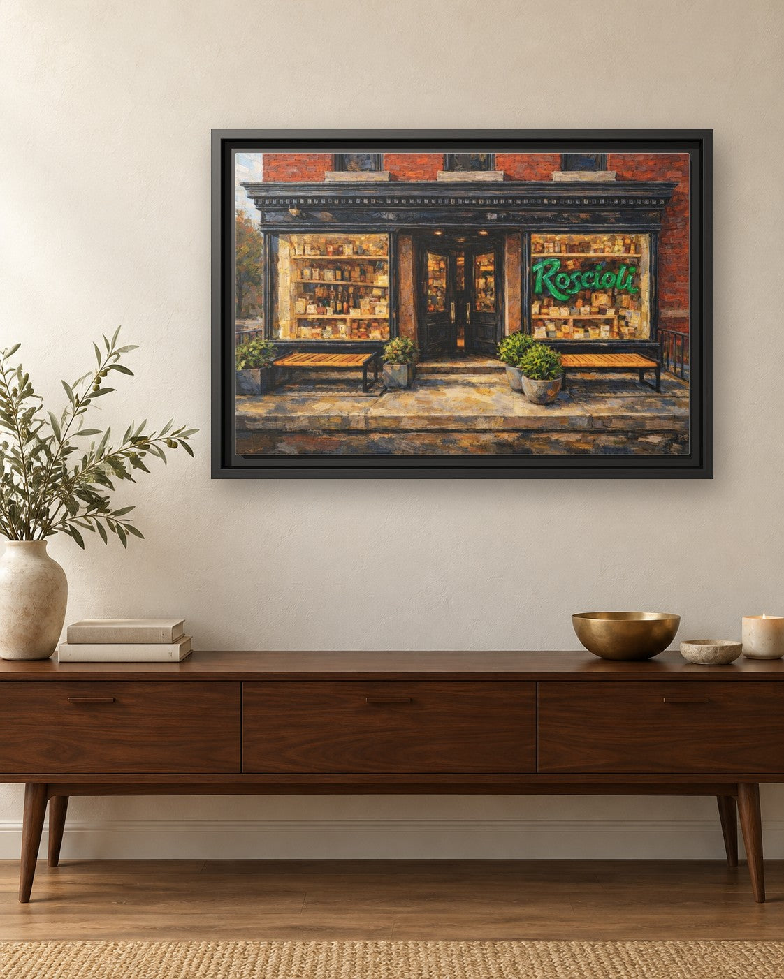Roscioli framed canvas print hanging above a credenza