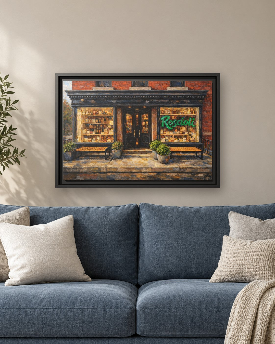 Roscioli framed canvas print hanging above a sofa