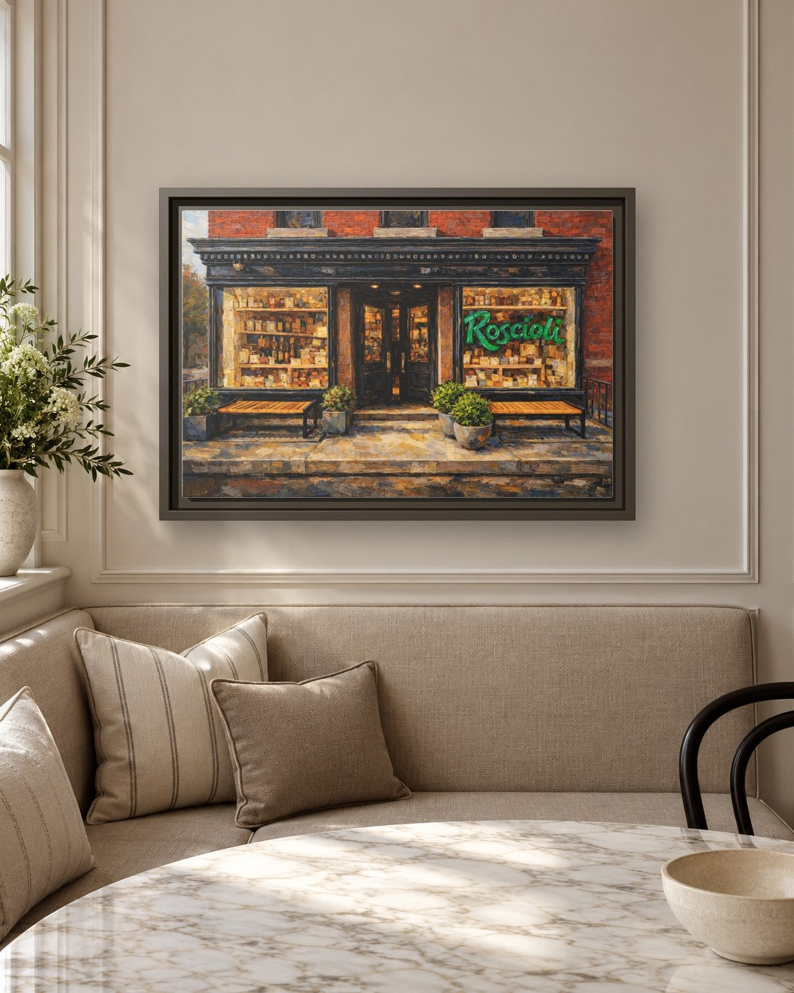 Roscioli framed canvas print in a breakfast nook