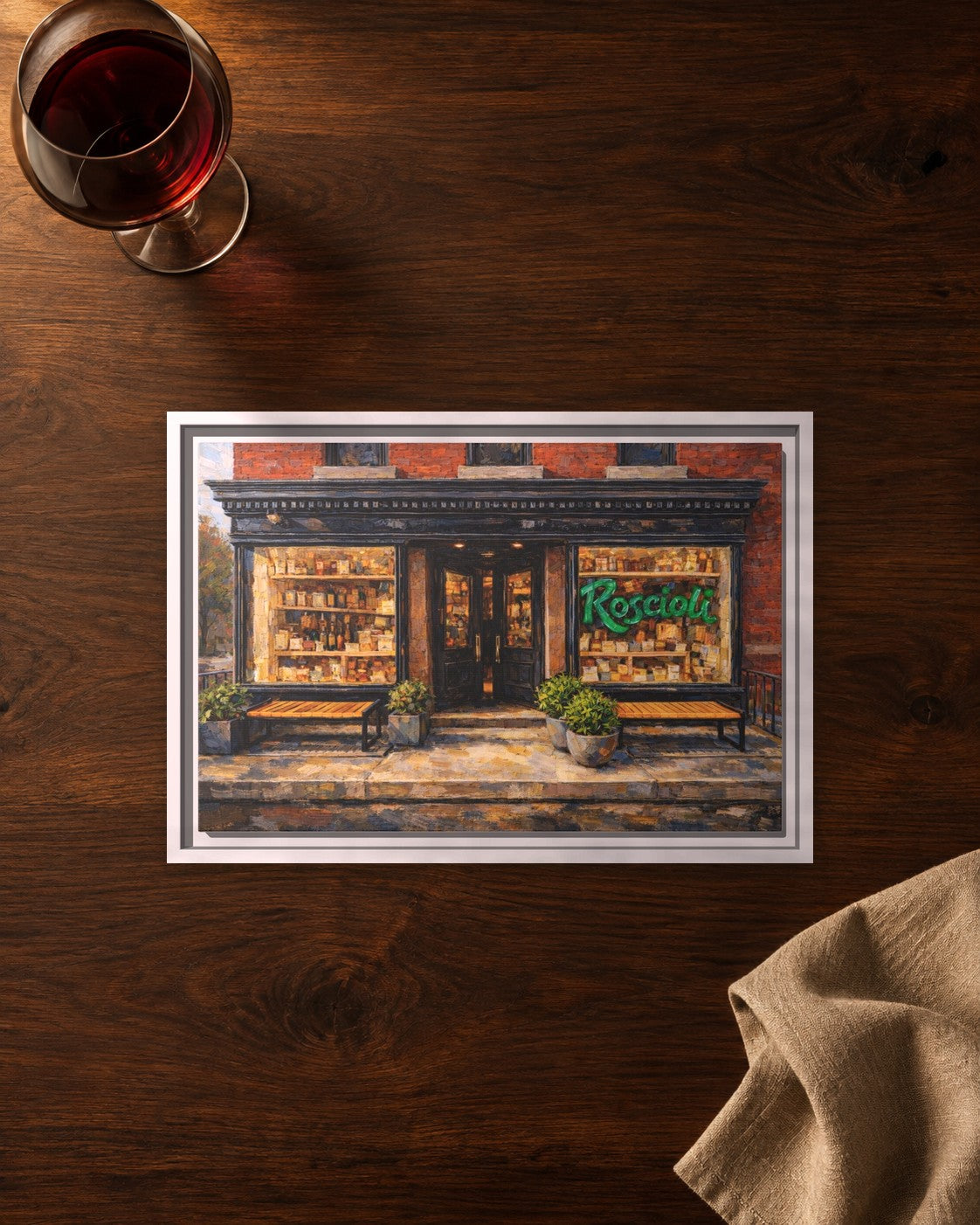 Roscioli framed canvas print lying on a table