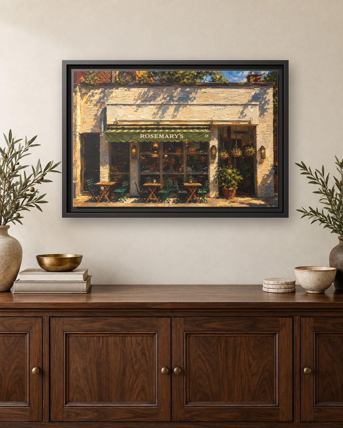 Rosemary's framed canvas print hanging above a credenza