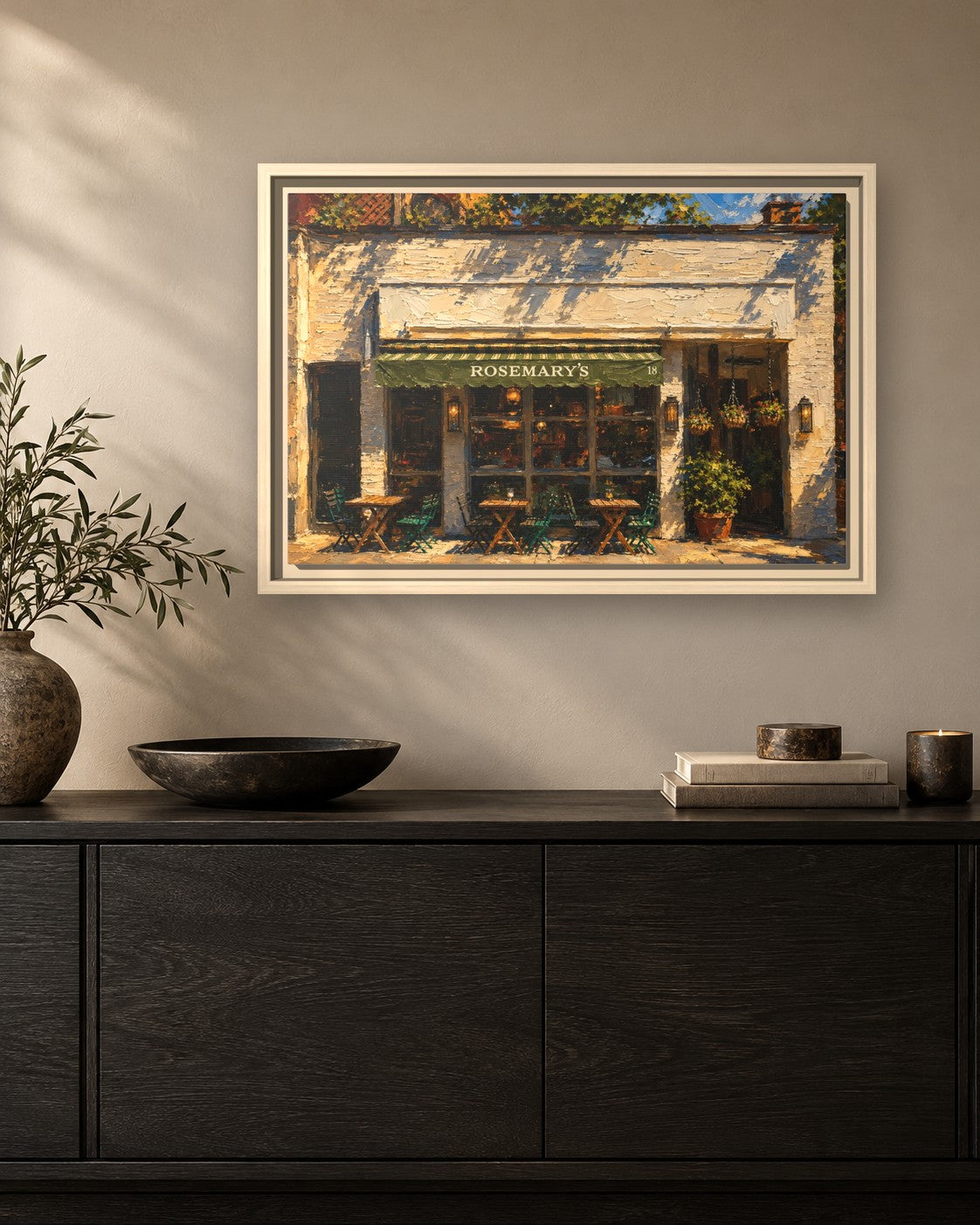 Rosemary's framed canvas print hanging above a sideboard