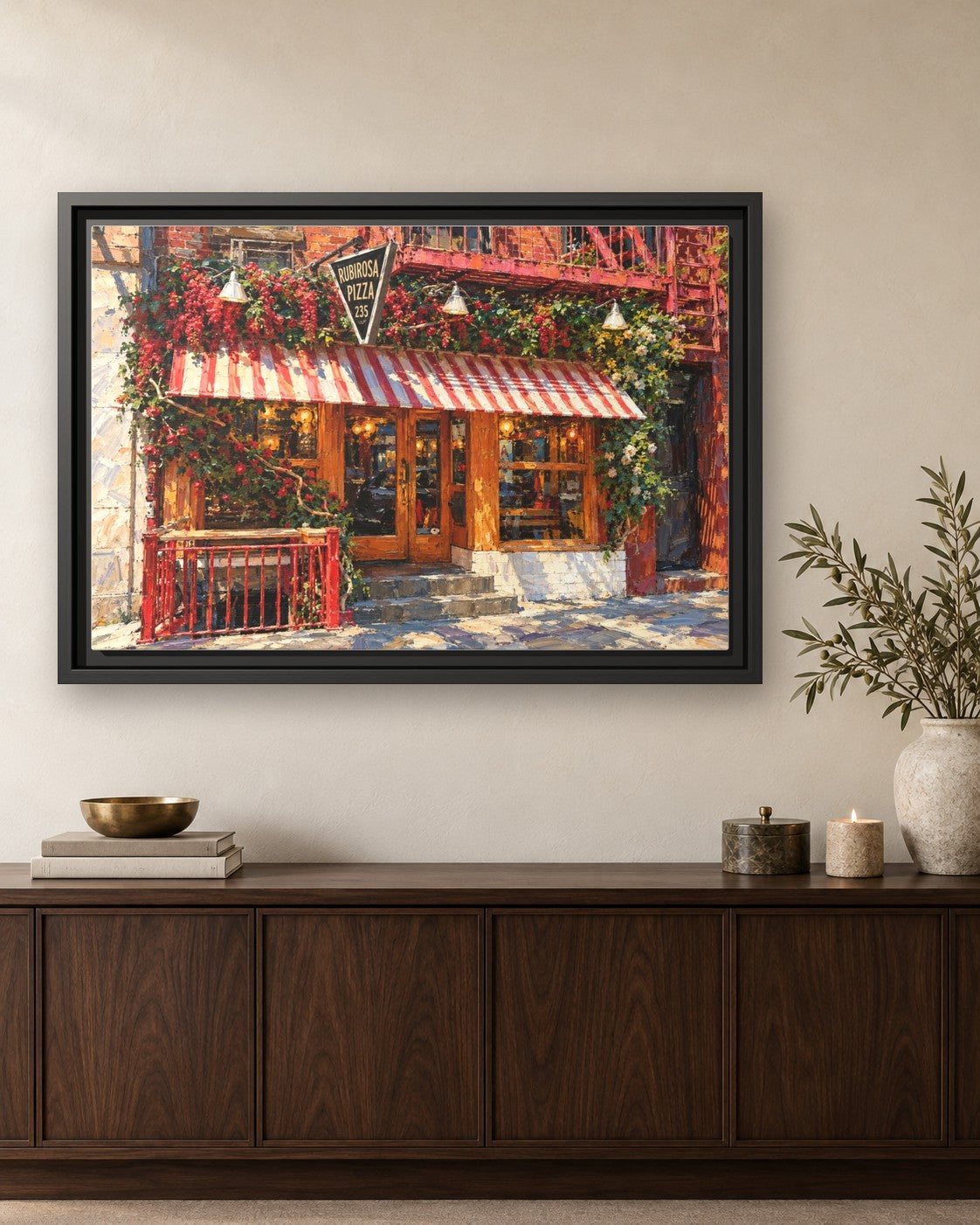 Rubirosa framed canvas print hanging above a credenza