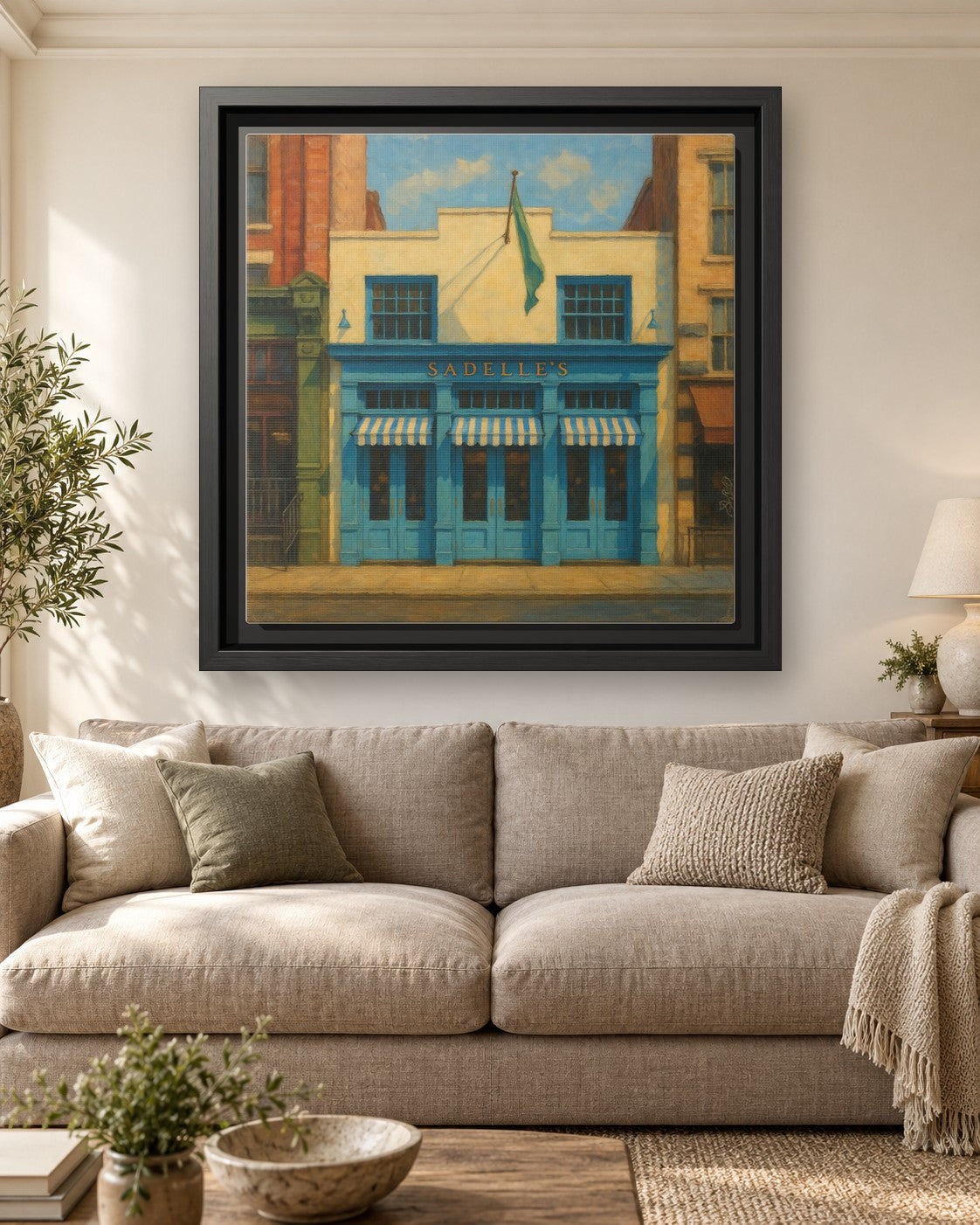 Sadelle's Restaurant framed canvas print hanging above a sofa