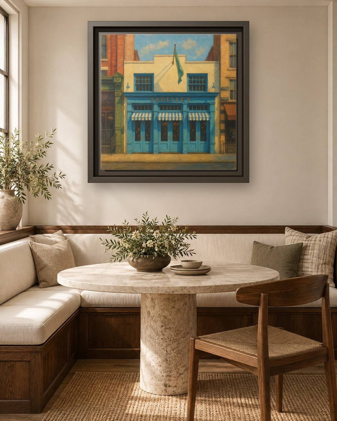 Sadelle's Restaurant framed canvas print in a breakfast nook