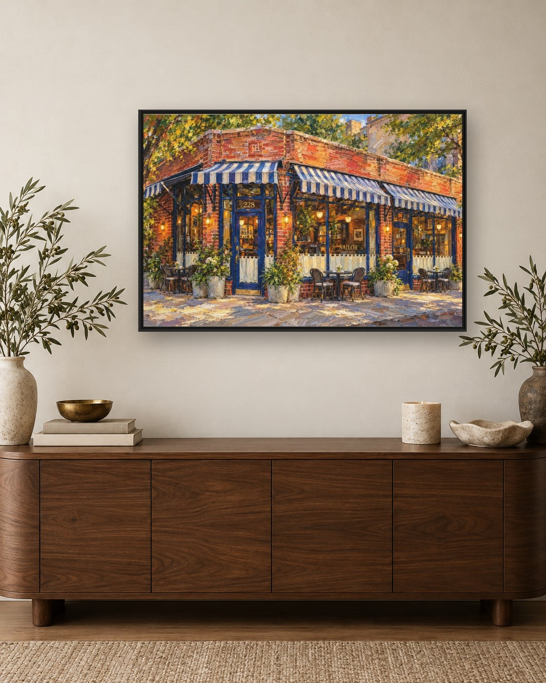 Sailor framed canvas print hanging above a credenza