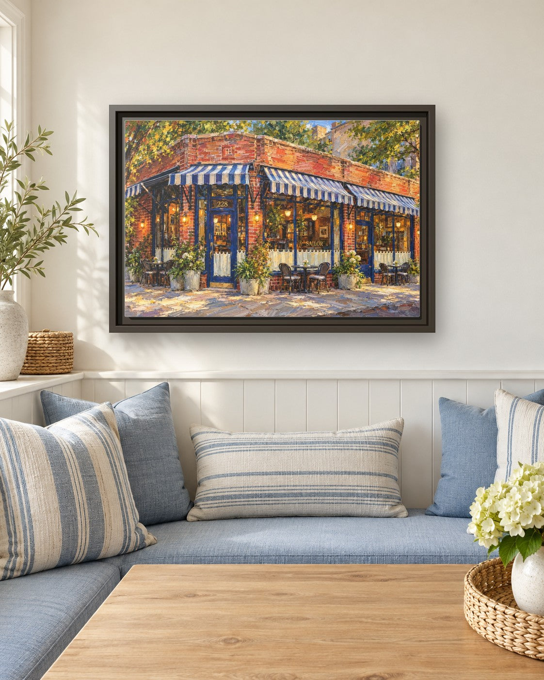 Sailor framed canvas print in a breakfast nook