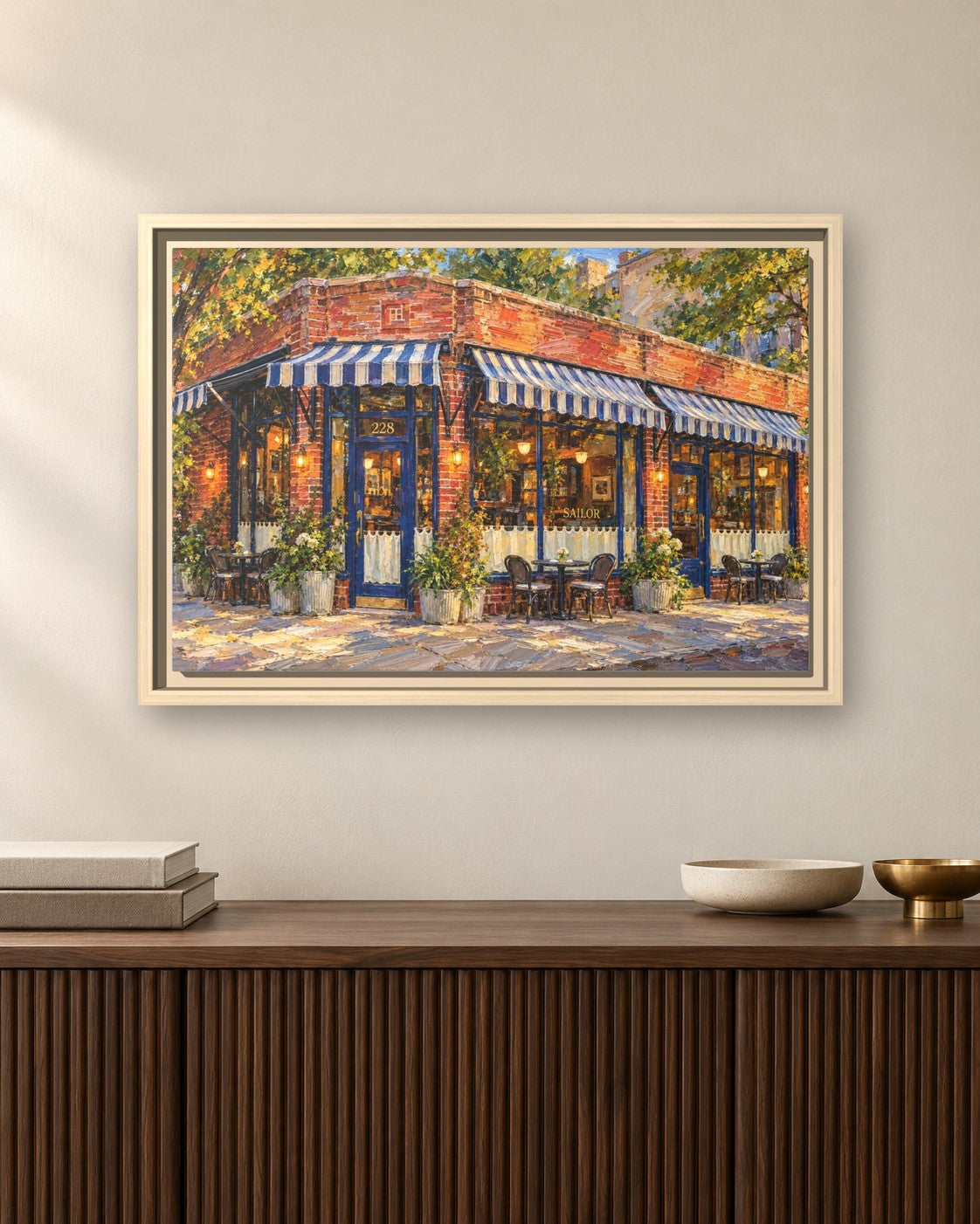 Sailor framed canvas print hanging above a sideboard