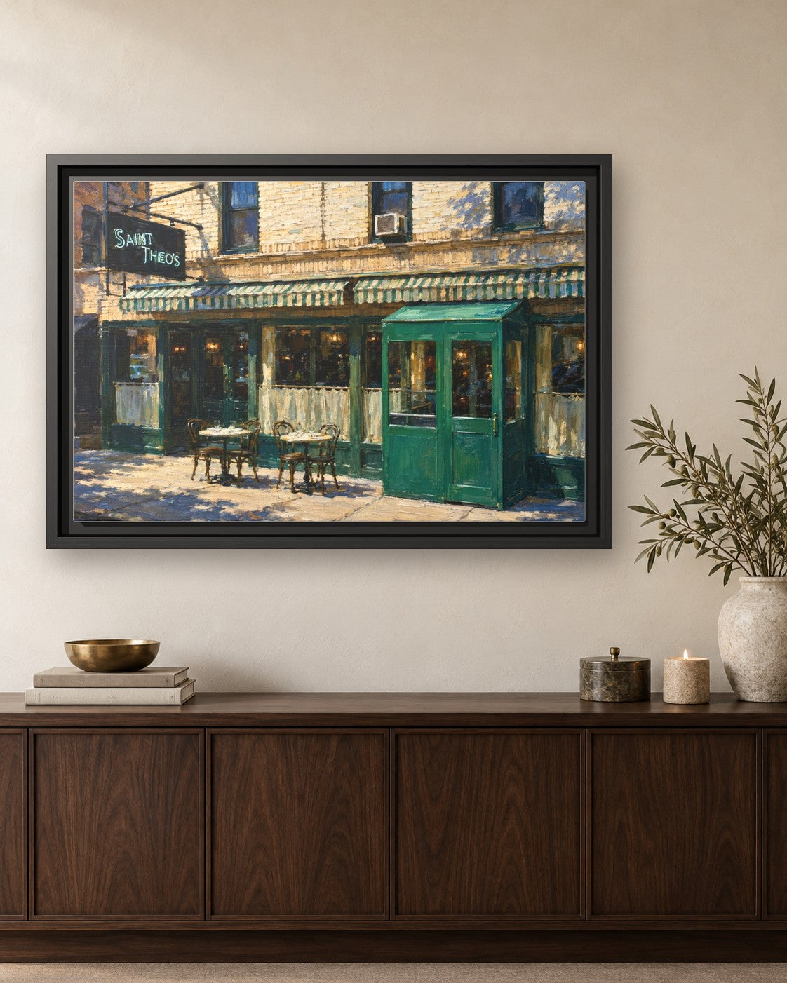 Saint Theo's framed canvas print hanging above a credenza