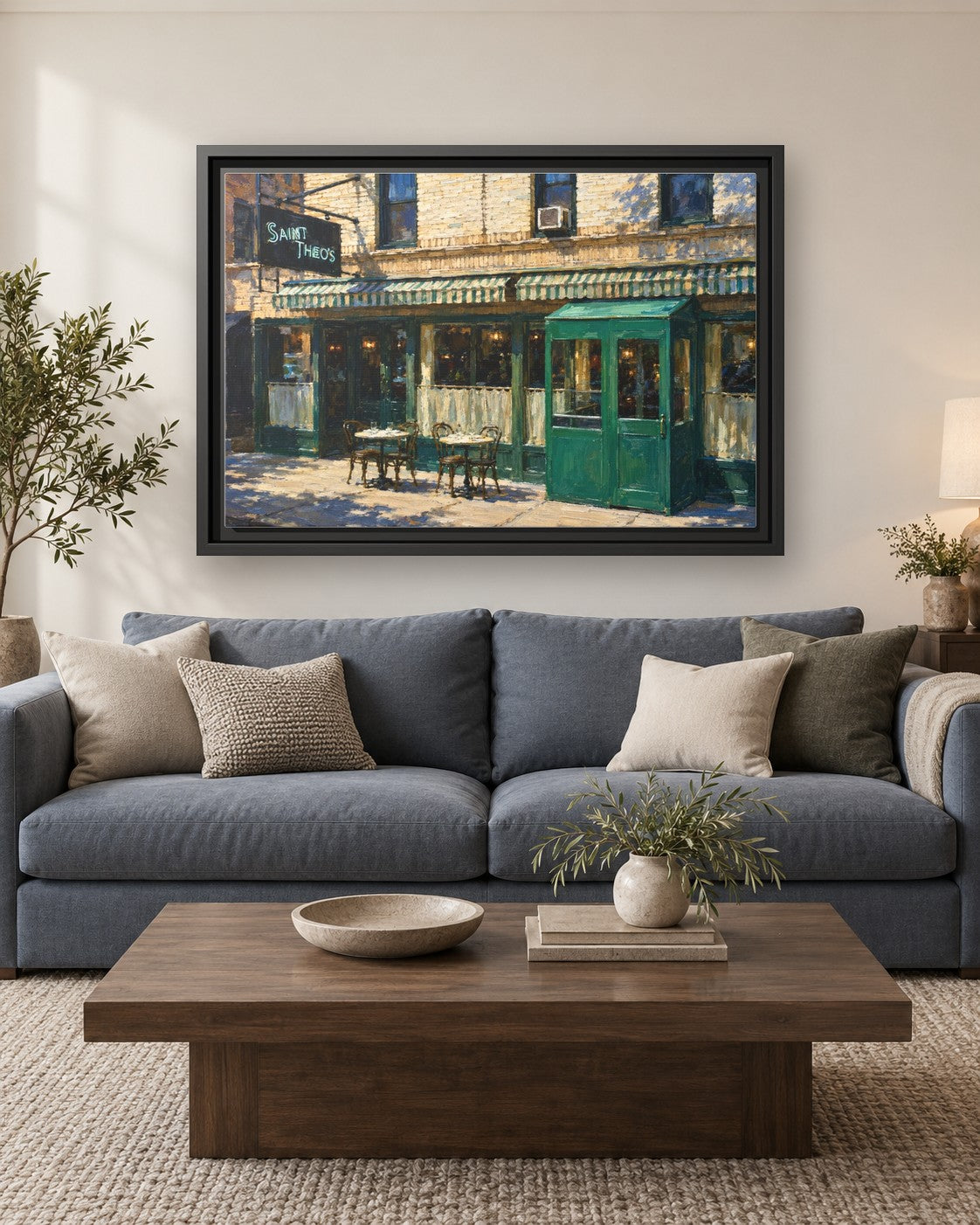 Saint Theo's framed canvas print hanging above a sofa