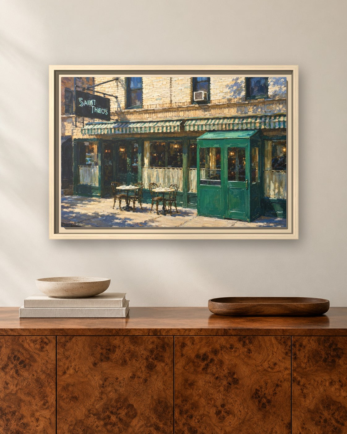 Saint Theo's framed canvas print hanging above a sideboard